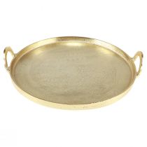 Bandeja redonda de metal dourado com alça 38×35×6,5cm