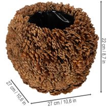 Itens Vaso decorativo com pinhas, aparência natural, 27 cm. Vaso redondo em formato de pinha, marrom natural, feito de pinhas, 27 cm x 22 cm.
