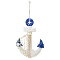 Âncora cabide decorativo de madeira branco azul natural 32x2,5x22cm