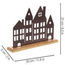 Itens Decoração para fileira de casas, metal com base de madeira, 30 cm