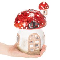 Itens Casinha decorativa em forma de cogumelo para vela pequena, pintada à mão com torre, 21 cm