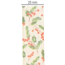 Itens Fita decorativa com azevinho e bagas, borda dimensionalmente estável, 25 mm, 18 m