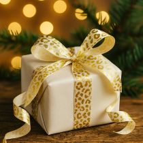 Itens Fita de seda com estampa de leopardo creme dourado 15mm 18m