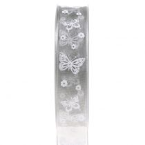 Fita de organza borboleta cinza 25mm 20m