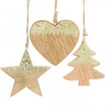 Decoração de Natal estrela / coração / árvore, pingente de madeira, decoração do advento H10 / 12,5 cm 3 unidades