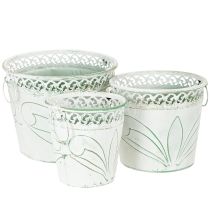 Itens Vaso de metal com relevo e alças, branco e verde, estilo shabby chic, A22/19,5/17,5cm, Ø25,5/20,5/15,5cm, conjunto de 3