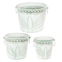 Itens Vaso de metal com relevo e alças, branco e verde, estilo shabby chic, A22/19,5/17,5cm, Ø25,5/20,5/15,5cm, conjunto de 3