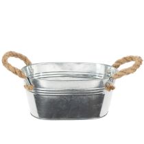 Itens Tigela de metal com alças de corda, prateada, 22 cm de altura, 10 cm de altura.