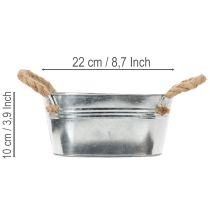 Itens Tigela de metal com alças de corda, prateada, 22 cm de altura, 10 cm de altura.