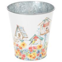 Itens Vaso de lata com casinhas de pássaros, decoração de verão, floreira com 14,5 cm de altura e 13,5 cm de diâmetro.