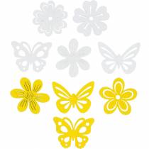 Flores e borboletas para polvilhar amarelo, polvilhar madeira branca decoração decoração de primavera 72pcs