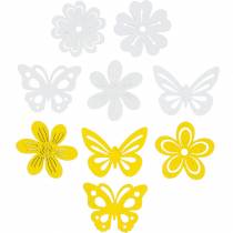 Itens Flores e borboletas para polvilhar amarelo, polvilhar madeira branca decoração decoração de primavera 72pcs