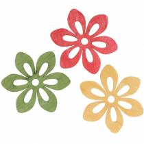 Decoração dispersa com flores em madeira laranja, amarelo, verde 4cm 72p