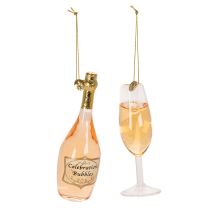 Itens Conjunto de enfeites para árvore de Natal: taça e garrafa de champanhe, decoração natalina, 14 cm, 2 peças