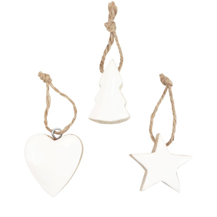 Itens Decorações para árvores de Natal mistura de madeira coração estrela árvore de Natal branca, natural 5 cm 27 unidades