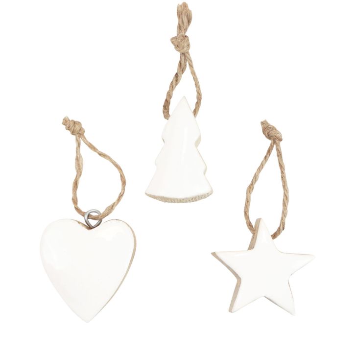 Itens Decorações para árvores de natal mistura de madeira coração estrela árvore de natal branca, natural 5 cm 27 peças