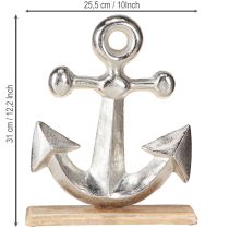 Itens Âncora decorativa, metal e madeira em prata natural, 25,5 x 5,5 x 31 cm