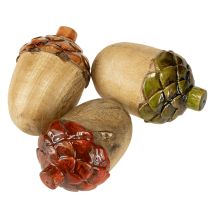 Itens Bolotas decorativas de madeira para decoração de mesa, nas cores verde, laranja e vermelha, 10 cm de altura, conjunto com 3 peças.