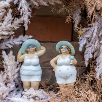 Figura decorativa senhoras na praia, decoração de verão, figuras de banho com chapéu azul/branco H15/15.5cm conjunto de 2