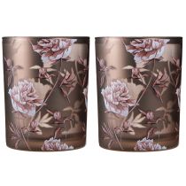 Itens Lanterna de vidro decorativa peônias prata marrom H12,5cm 2 peças
