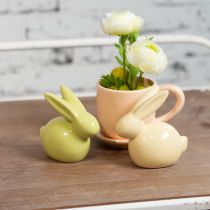 Itens Coelho decorativo, amarelo, verde e marrom, estatueta moderna de cerâmica para a Páscoa, 8,5 cm, conjunto de 3 peças.