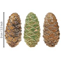 Itens Pinhas decorativas de cerâmica, sortidas em verde, amarelo e marrom, 8,5 cm, conjunto de 6 peças.