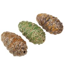 Itens Pinhas decorativas de cerâmica, sortidas em verde, amarelo e marrom, 8,5 cm, conjunto de 6 peças.