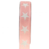 Fita decorativa com estrela de mica rosa 25mm 20m