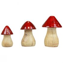 Cogumelos decorativos cogumelos de madeira vermelho brilho decoração de outono H6/8/10cm conjunto de 3