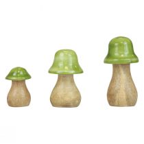 Cogumelos decorativos madeira cogumelos madeira verde claro brilhante H6/8/10cm conjunto de 3