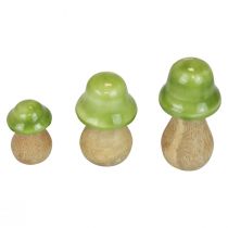 Cogumelos decorativos madeira cogumelos madeira verde claro brilhante H6/8/10cm conjunto de 3