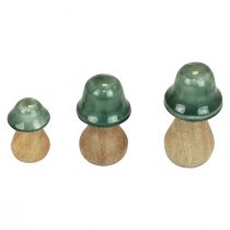 Cogumelos decorativos cogumelos de madeira verde escuro brilhante H6/8/10cm conjunto de 3