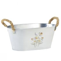 Itens Tigela decorativa oval de metal branco com decoração de flores naturais C26cm