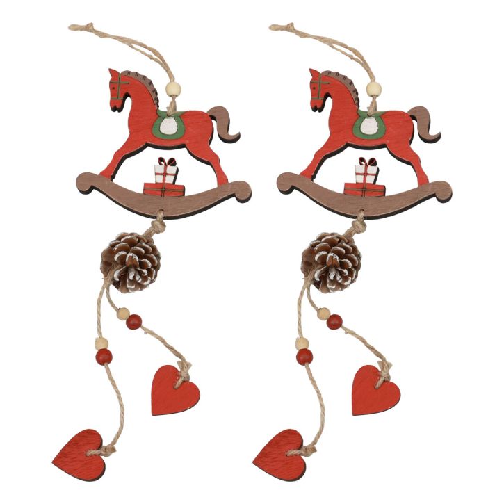 Cavalo de balanço decorativo decoração suspensa de madeira natal vermelho 37 cm 2 unidades