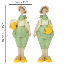 Itens Conjunto de 2 estatuetas decorativas de jardineiros para mesa, tema verão, nas cores verde e amarelo, 16,5 x 5,5 cm.