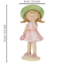 Itens Conjunto de 2 figuras decorativas de meninas com chapéus, nas cores rosa e verde, 6,5 x 5,5 x 14,5 cm.