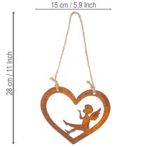 Itens Enfeites decorativos de metal para pendurar, com acabamento enferrujado, em formato de anjo e coração, Ø15cm, conjunto de 6 peças.