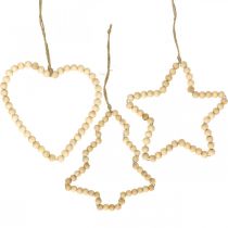 Cabide decorativo de Natal com miçangas de madeira coração árvore estrela H13cm 3 unidades