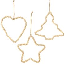 Itens Contas decorativas de madeira de Natal coração estrela árvore Alt.16cm 3 unidades