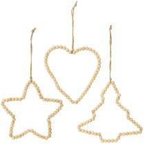 Itens Contas decorativas de madeira de Natal coração estrela árvore Alt.16cm 3 unidades