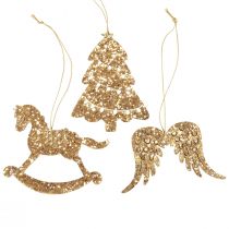 Cabide decorativo madeira glitter dourado decoração de árvore de Natal 10 cm 6 unidades