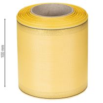 Itens Fita decorativa em moiré amarela com borda dourada, 100 mm de largura, 25 m de comprimento, ideal para arranjos florais e decoração.