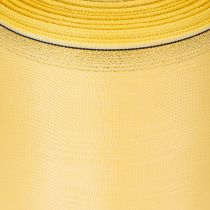 Itens Fita decorativa em moiré amarela com borda dourada, 100 mm de largura, 25 m de comprimento, ideal para arranjos florais e decoração.