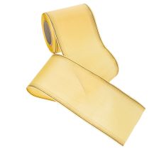 Itens Fita decorativa em moiré amarela com borda dourada, 100 mm de largura, 25 m de comprimento, ideal para arranjos florais e decoração.