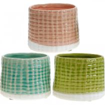 Vasos decorativos com padrão de cesta, plantador, plantador de cerâmica hortelã/verde/rosa Ø13cm 3pcs