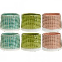 Vaso de cerâmica, mini plantador, decoração de cerâmica, vaso decorativo, padrão de cesta hortelã / verde / rosa Ø7,5 cm 6 unidades