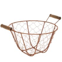 Itens Cesto redondo vintage de arame com alças de madeira, cesto de metal, acabamento enferrujado, Ø22cm