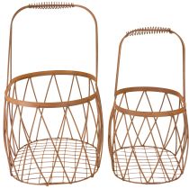Itens Cesto oval de arame com alça, decoração de jardim, acabamento enferrujado, 30/25 cm, conjunto de 2
