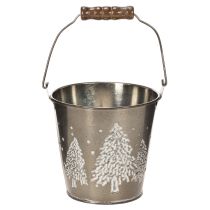 Itens Balde decorativo com pinheiros e alça de madeira, 13 cm