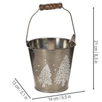 Itens Balde decorativo com pinheiros e alça de madeira, 13 cm